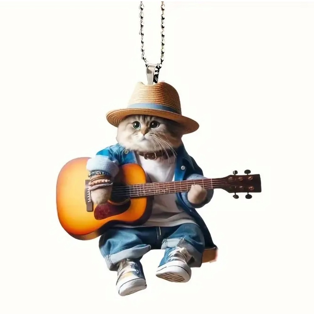 Guitar Playing Country Kitty Cat Shaped 2D Acrylic Ornament Charm Pendant